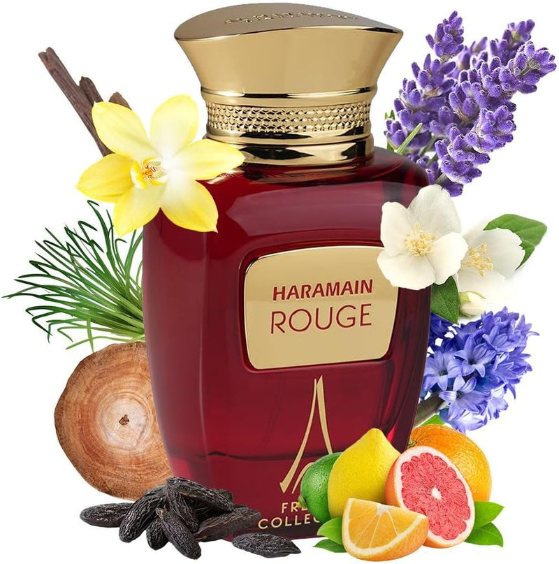 Al Haramain Coleção francesa Rouge unissex - Perfume árabe para mulheres e homens - Fragrância de longa duração com notas de lavanda, jasmim, baunilha - Colônia árabe - Eau De Parfum - Spray EDP de 95